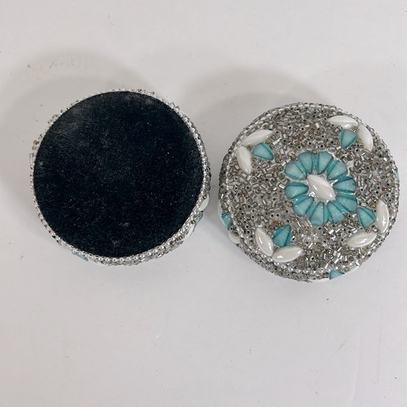 Handmade Bedazzled Silver Beaded Round Dome Trinket Box Jewelry Storage Case - Picture 7 of 10